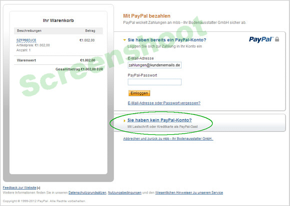 Kreditkarte via Paypal Gastzugang mit Kuferschutz